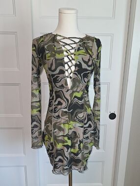 H&M Olive & Black Swirl Lace-Up Long Sleeve Dress